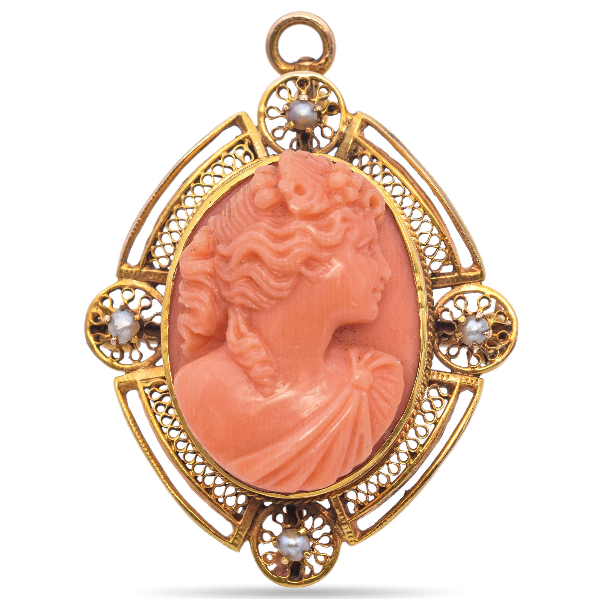 Antique 10K Yellow Gold Red Coral & Pearl Cameo Brooch Pin Pendant