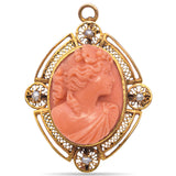 Antique 10K Yellow Gold Red Coral & Pearl Cameo Brooch Pin Pendant