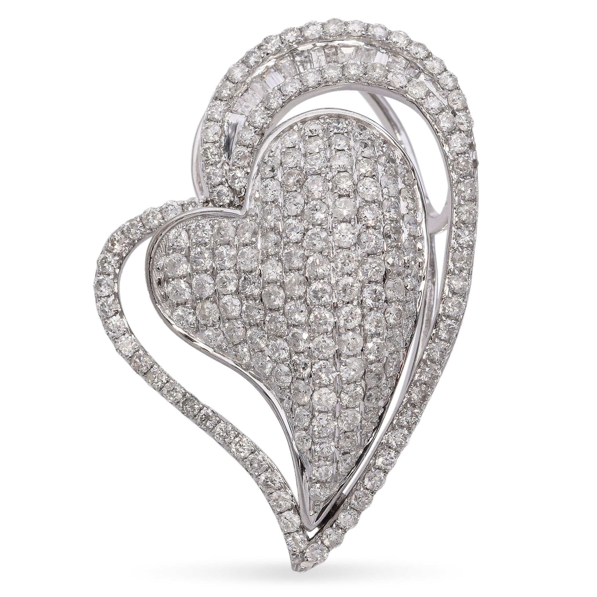 14K White Gold Pavé and Baguette 2.74 TCW Diamond Heart Pendant