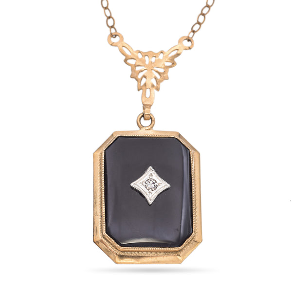 Antique ESEMCO 10K Yellow Gold Onyx and Diamond Pendant Necklace