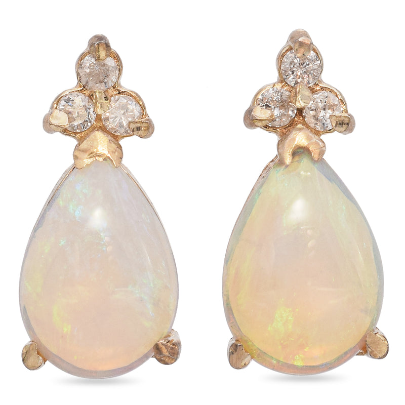 Vintage 14K Yellow Gold Tear Drop Opal and Accent Cluster Diamond Stud Earrings