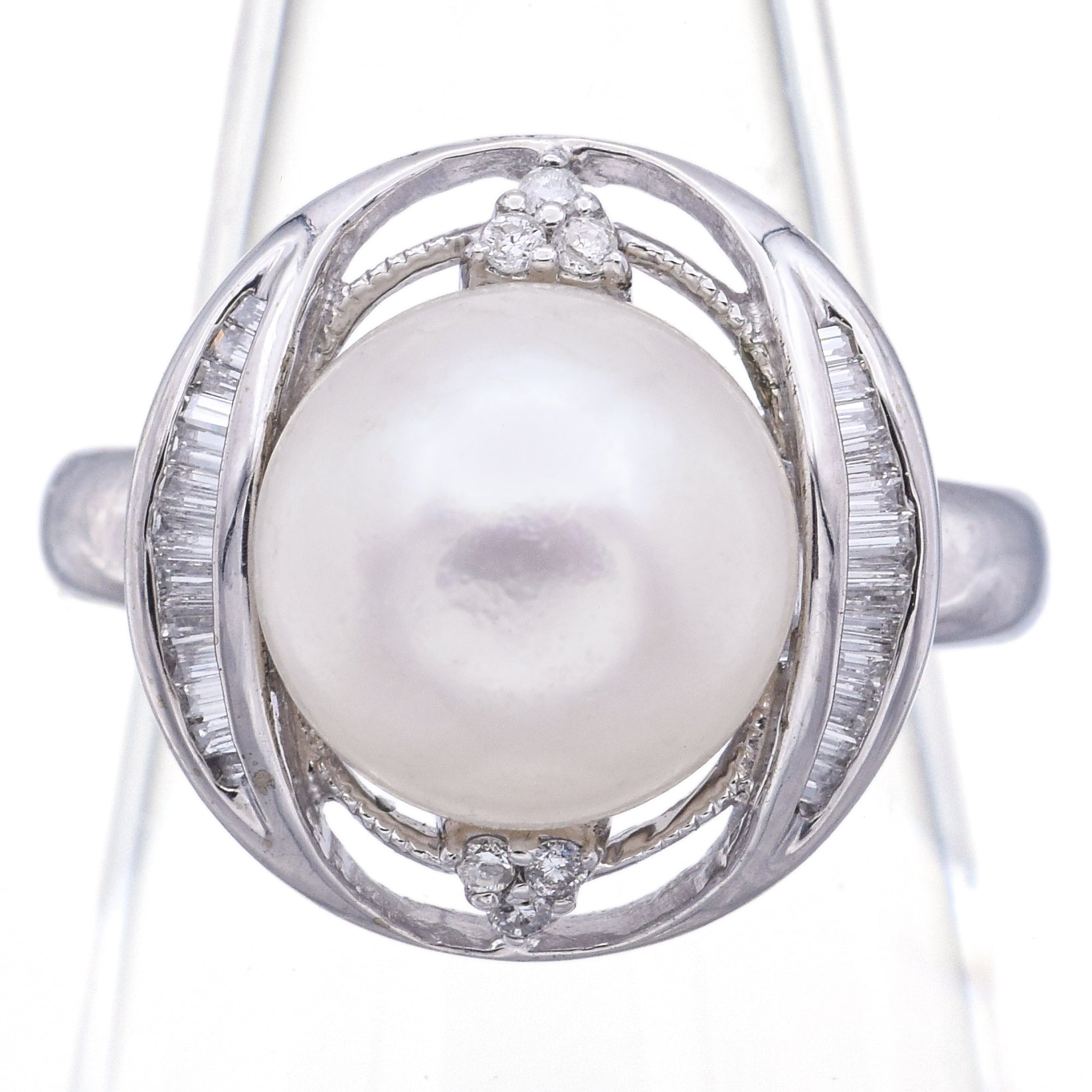 Vintage 14K White Gold Pearl & Diamond Cocktail Ring Size 4.75