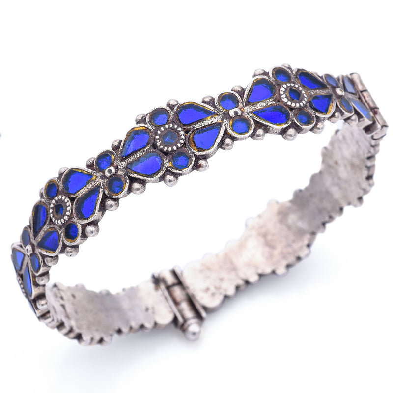 Vintage Silver Blue Glass Floral Hinged Bangle Bracelet