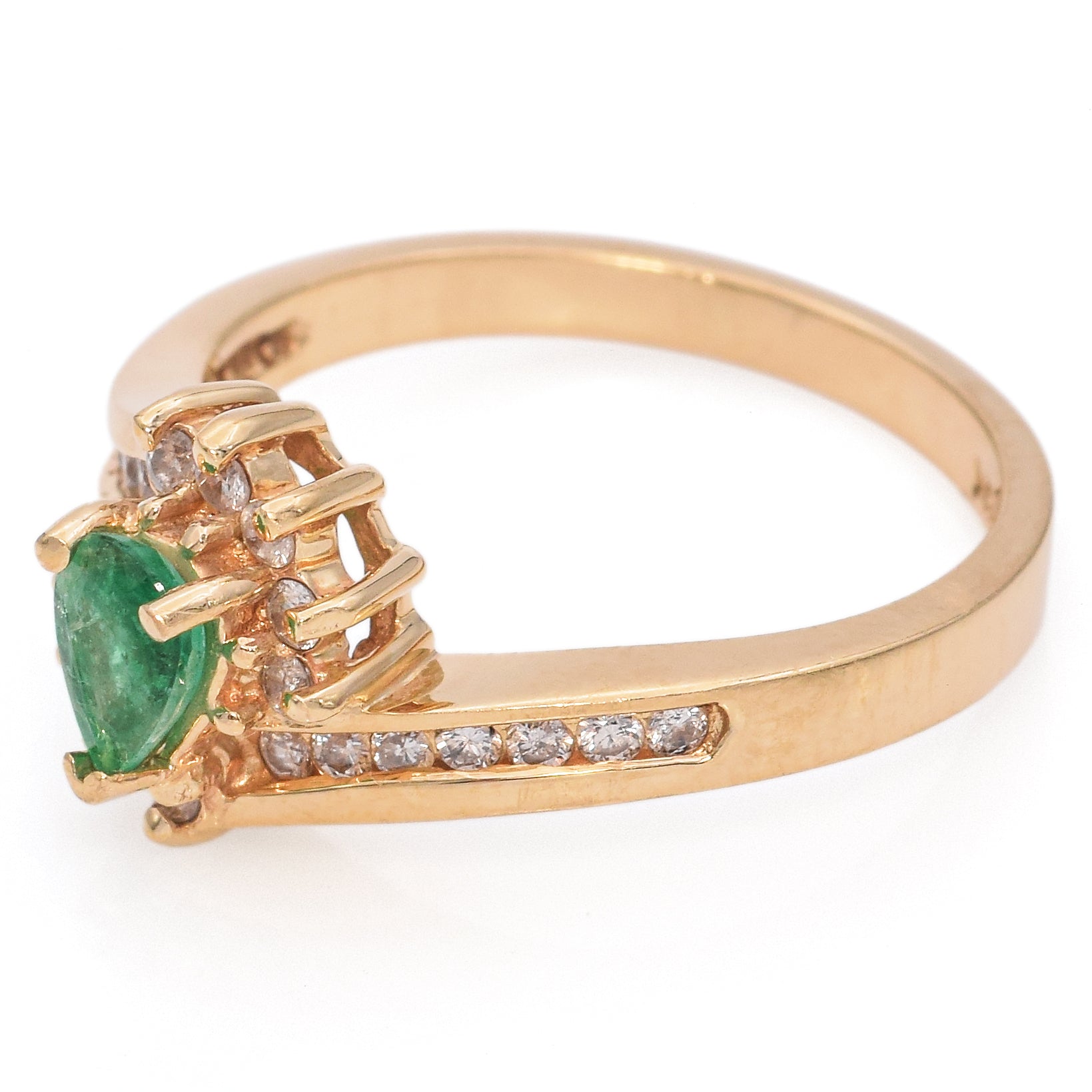 Vintage 14K Yellow Gold Emerald & Diamond Pear Band Ring