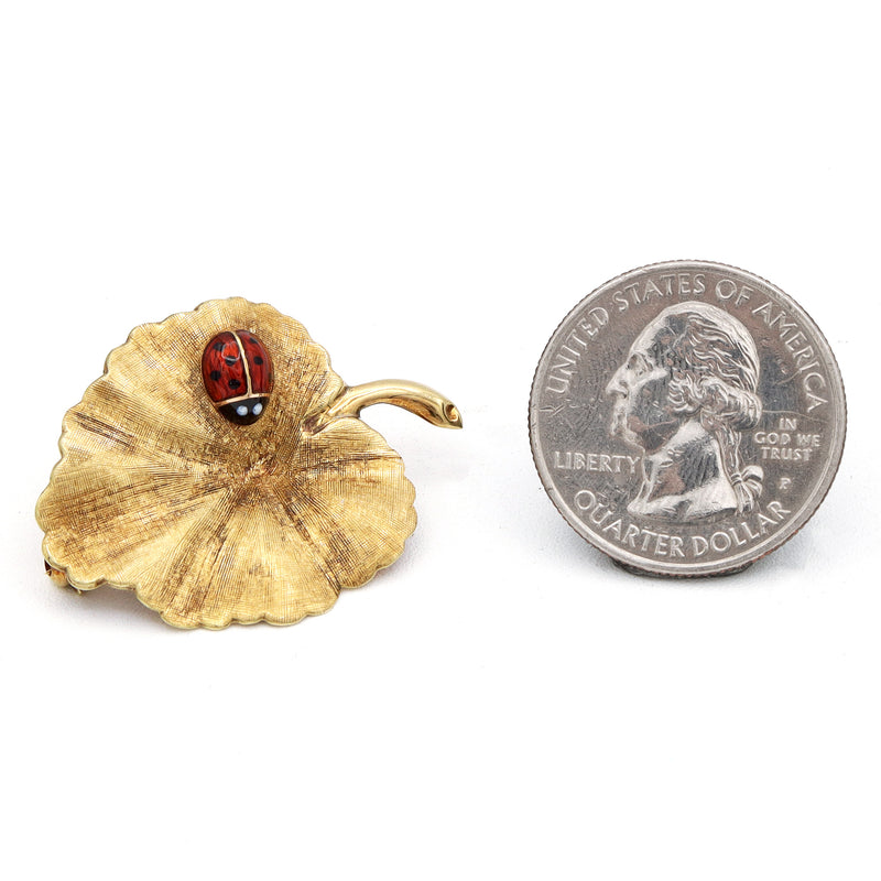 Vintage 14K Yellow Gold Leaf Ladybug Brooch Pin, 3.7 Grams, 27x36 mm