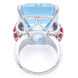 $18,000 Appraised Platinum 30 TCW Aquamarine, Ruby & 0.40 TCW Diamond Ring +Box