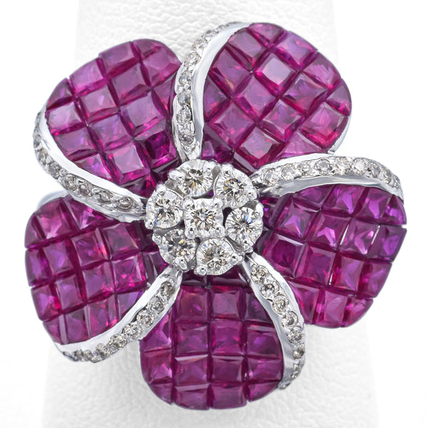 Estate 14K White Gold 6.00 TCW Ruby & 0.54 TCW Diamond Floral Ring Size 9