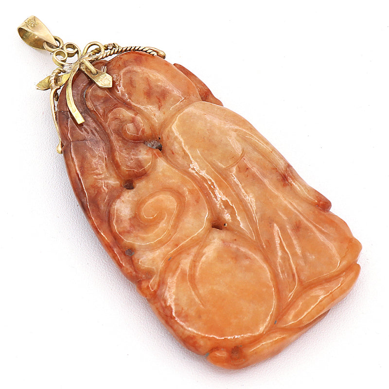 Vintage 14K Yellow Gold Red Jade Carved Deity Pendant, 33 Grams, 33x67mm