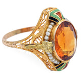 Antique 14K Yellow Gold 5.15 Ct Citrine & Pearl Enamel Cocktail Ring Size 5.5