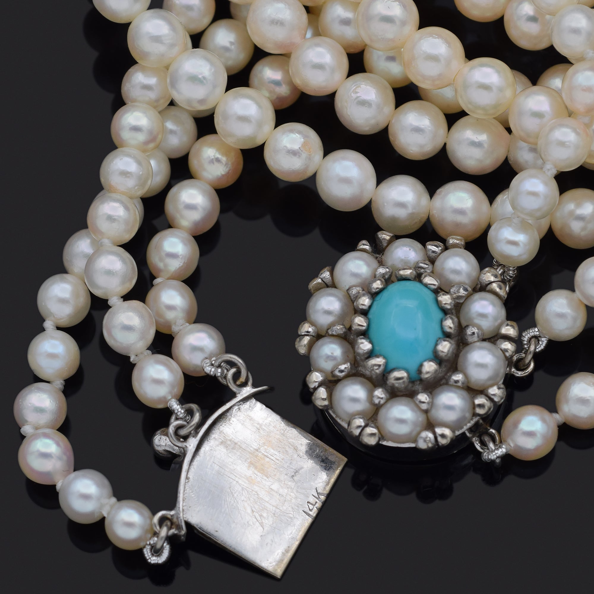 Vintage 14K White Gold Pearl & Turquoise Beaded Multi-Strand Necklace 17.5Inches