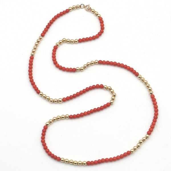 Vintage 14K Yellow Gold Red Coral Beaded Strand Necklace, 25 Inches