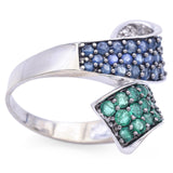 Estate 14K White Gold Sapphire, Emerald & Diamond Bypass Cocktail Ring Size 8.25