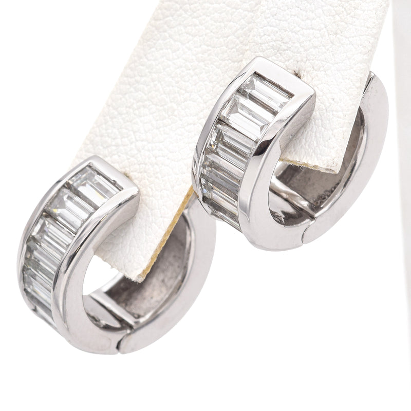 14K White Gold 3.84 TCW Diamond Baguette Huggie Earrings