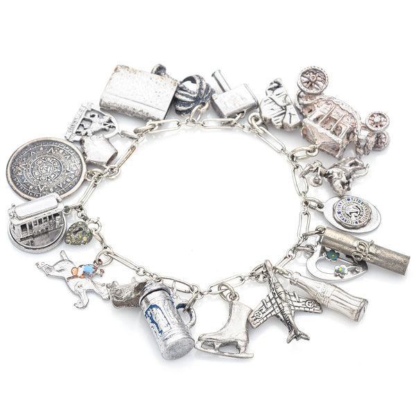 Beau Gothic Kinney Wells Sterling Silver Airplane Equestrian 19 Charms Bracelet