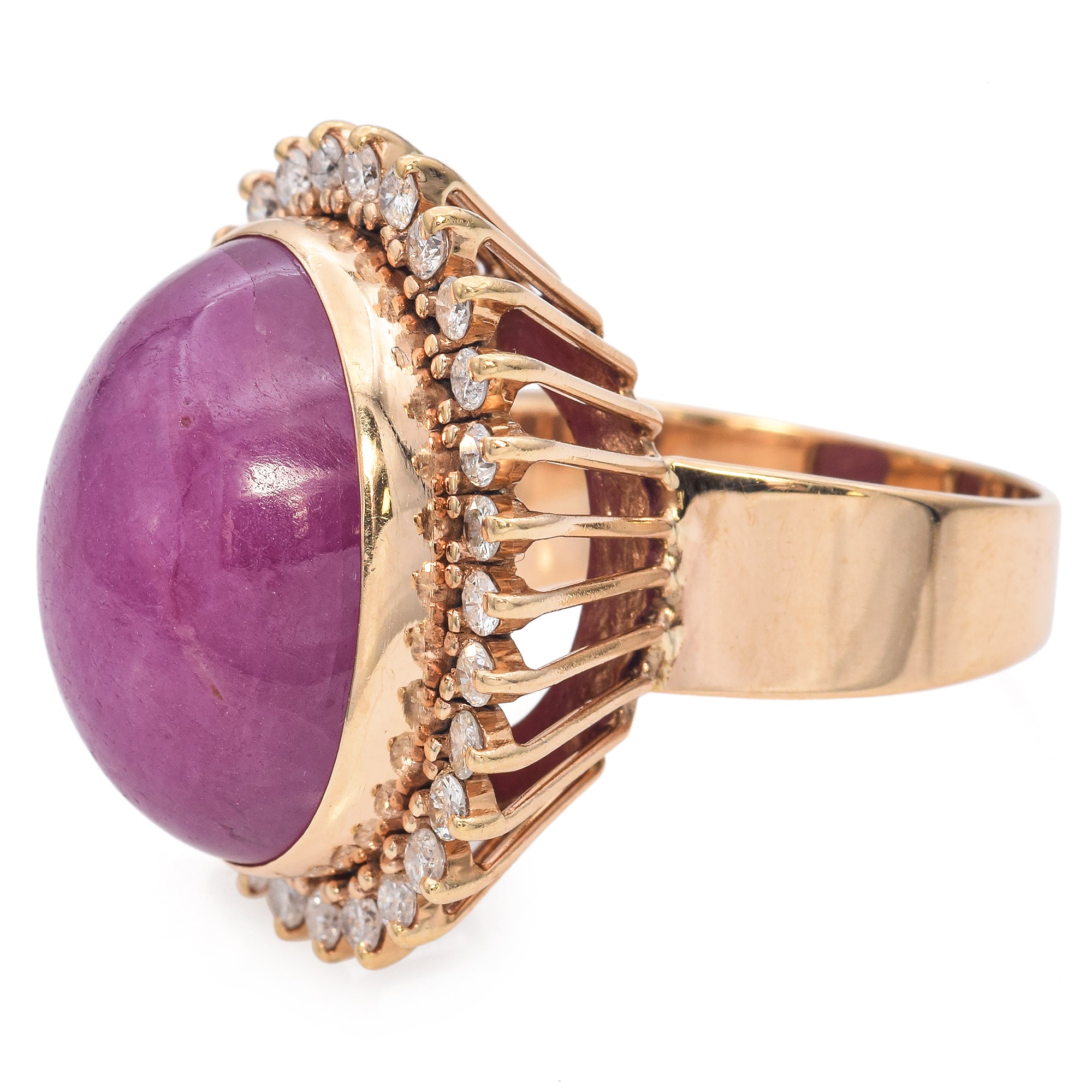 14K Yellow Gold 49.68 Ct. Pink Sapphire Cabochon Diamond Halo Cocktail Ring