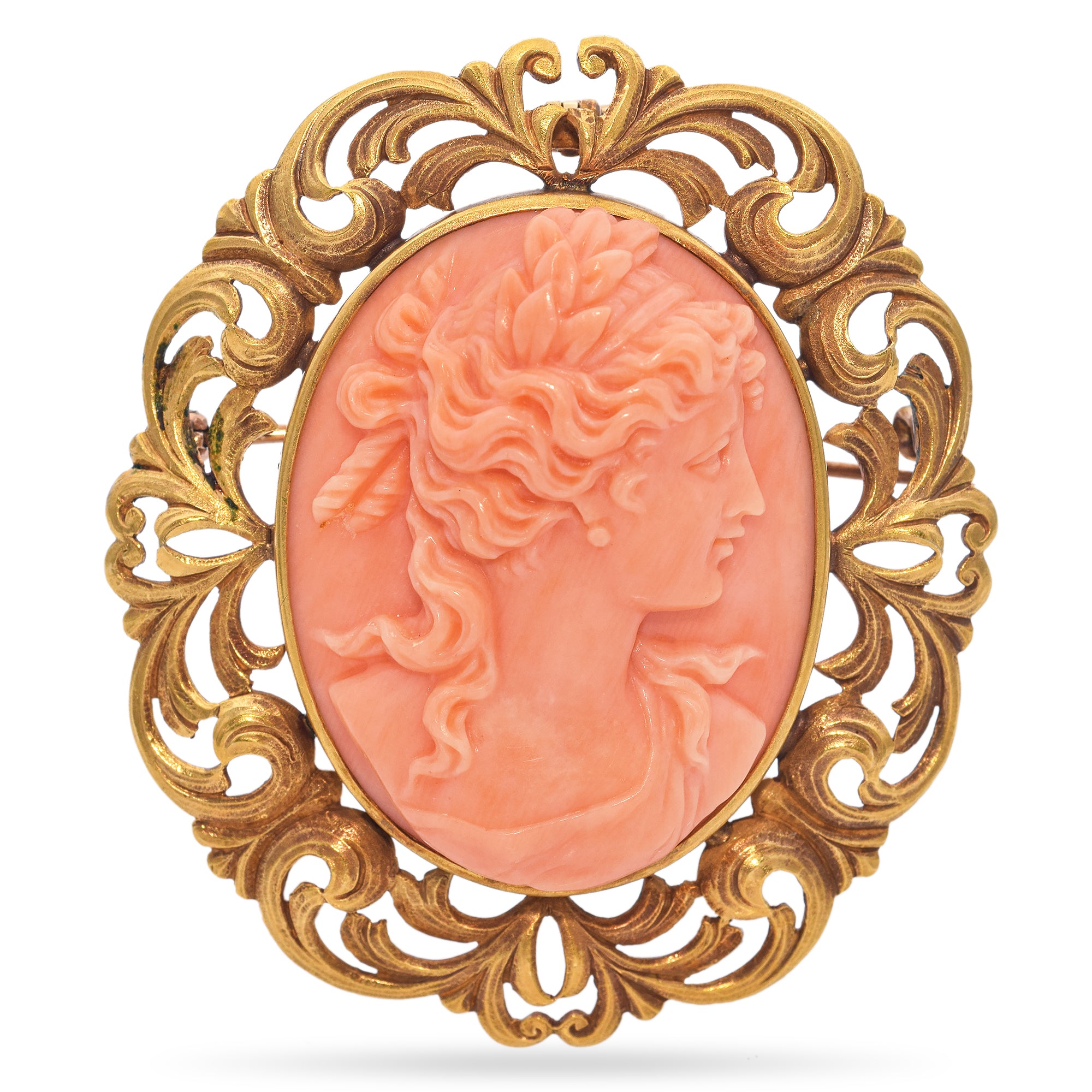 Antique 20K Yellow Gold Red Coral Cameo Filigree Brooch Pin Pendant