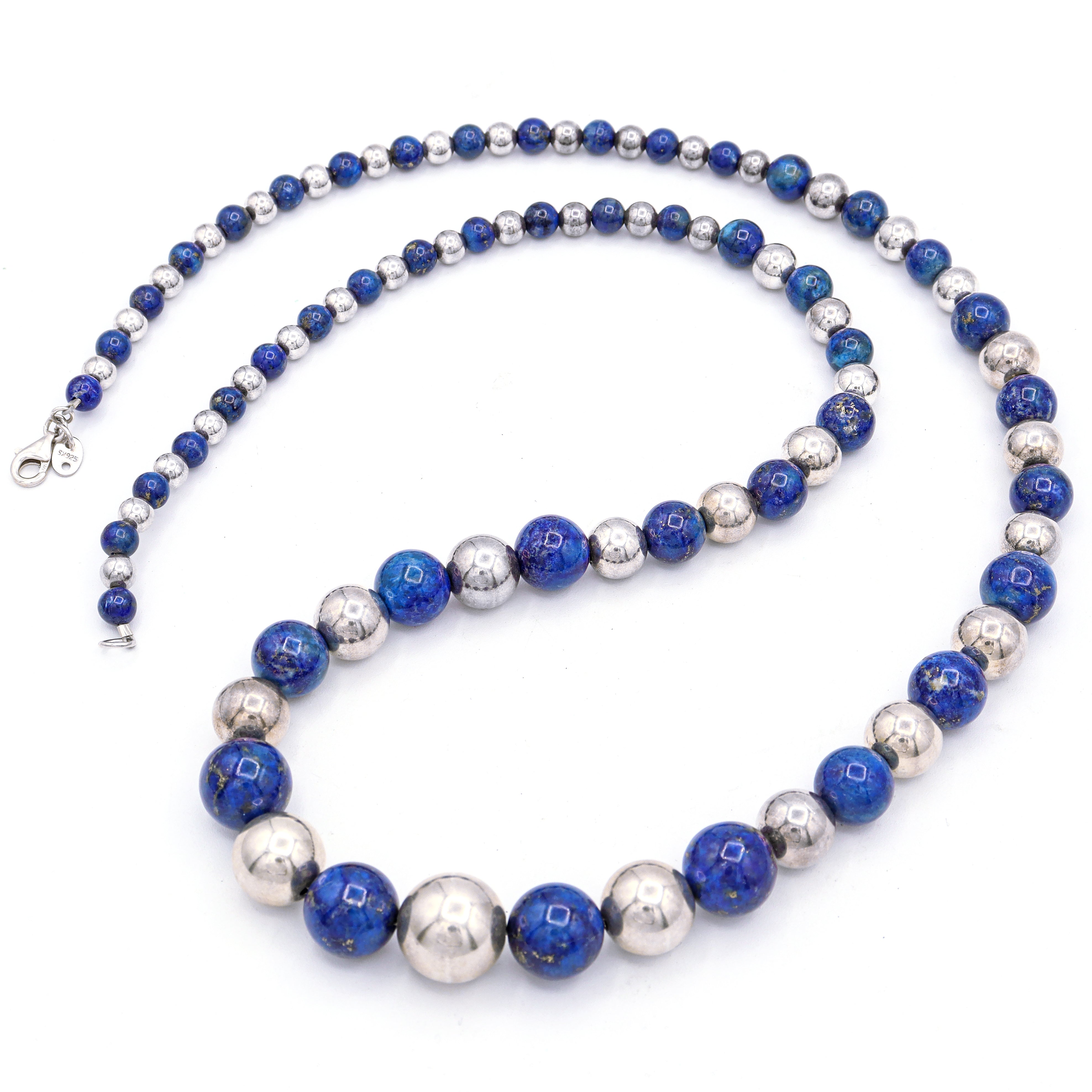 Vintage Lapis Lazuli Graduated Beaded Long Necklace in Sterling Silver