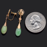 Vintage 14K Yellow Gold Green Jade 寿 Longevity Dangle Screw-Back Earrings