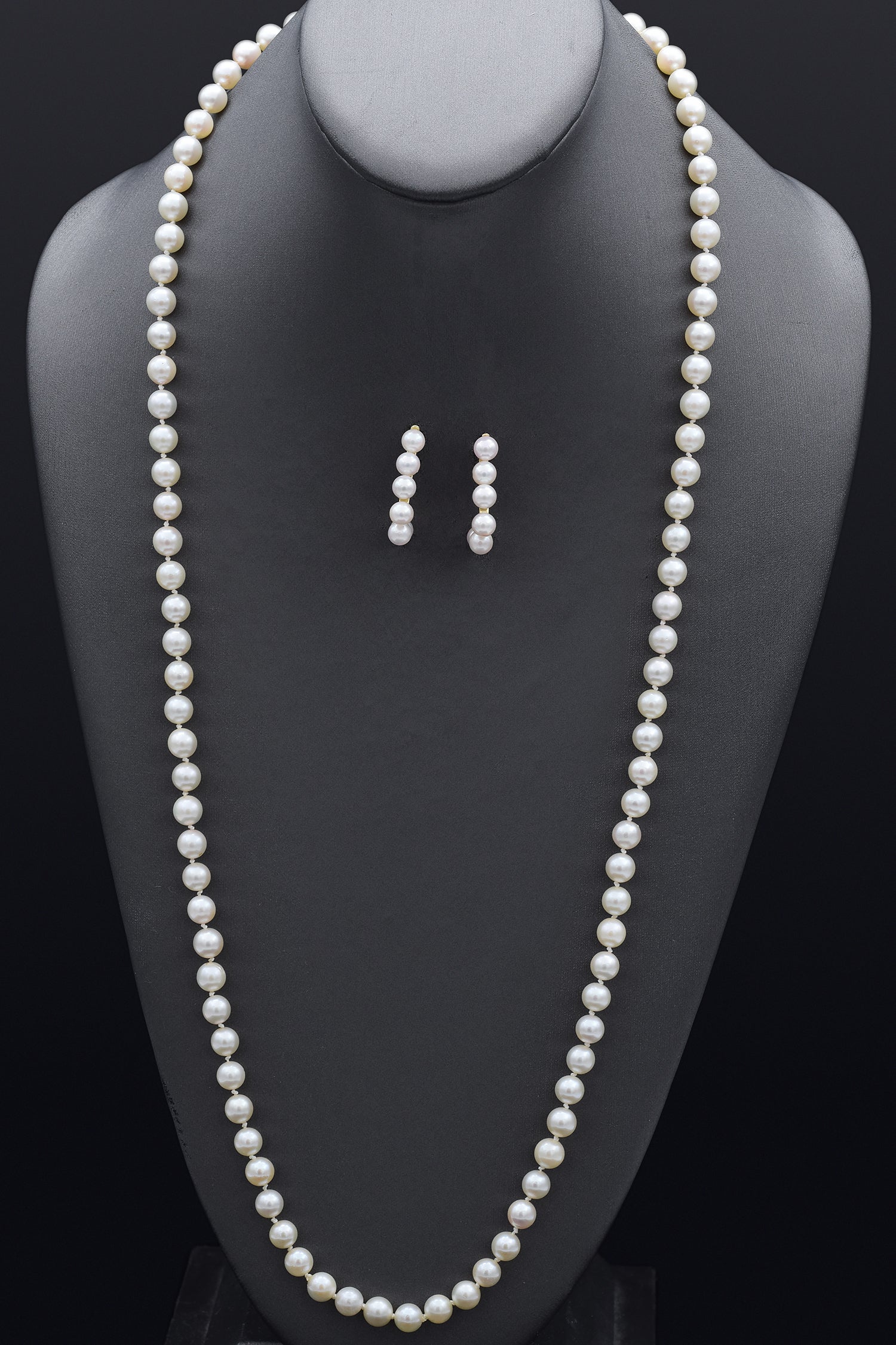 Estate 14K Yellow Gold Pearl Beaded Strand Necklace & Drop Earrings Set