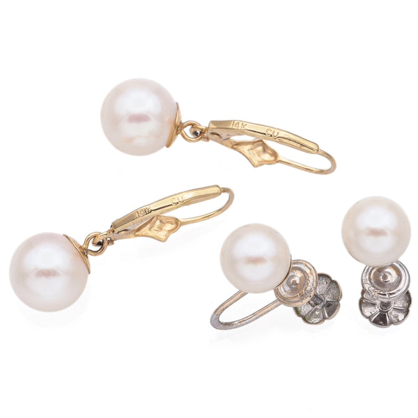 2 Pairs Vintage 14K Yellow White Gold Round Pearl Dangle Screwback Earrings