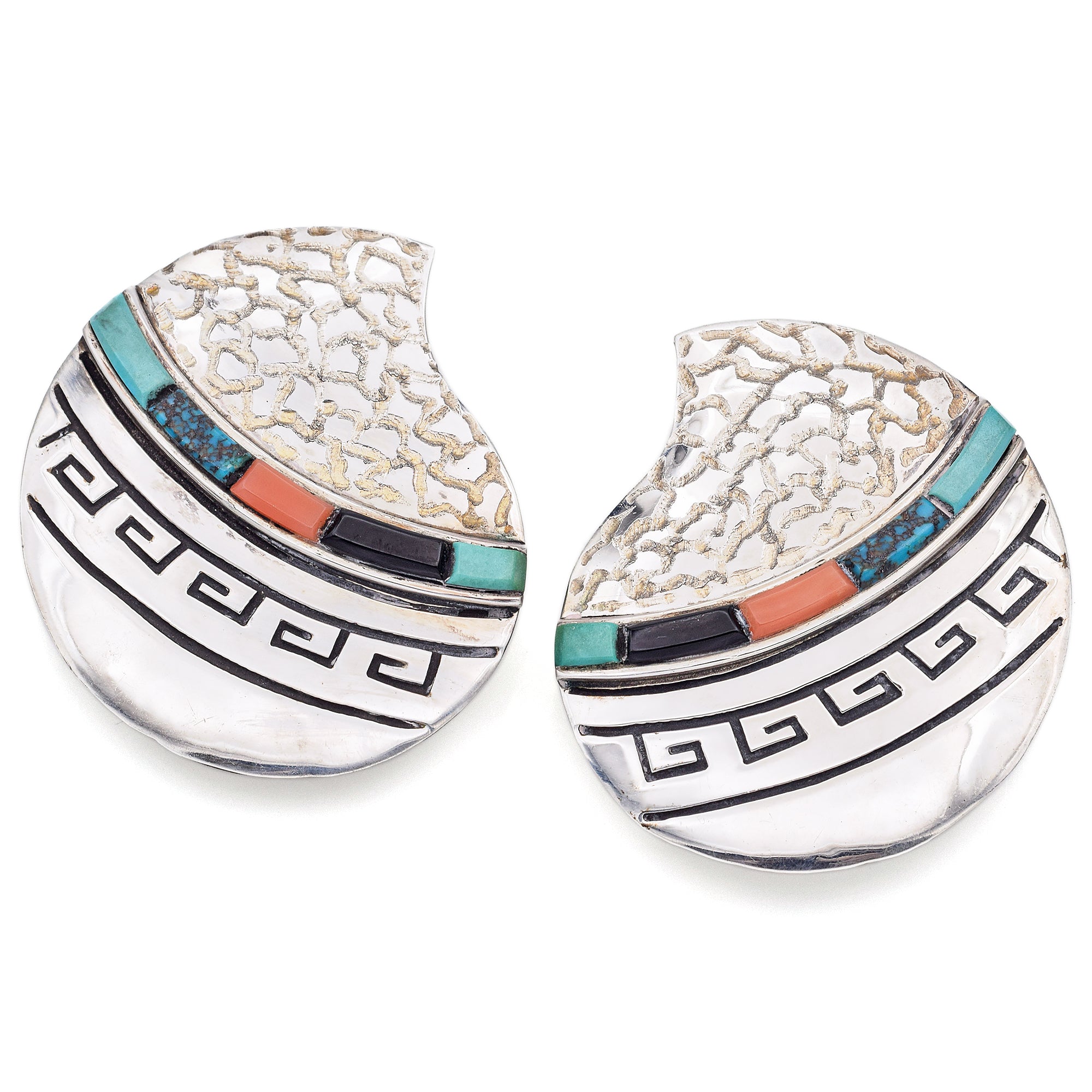 Alvin & Lula Begay Navajo Sterling Silver Turquoise, Onyx, Red Coral Earrings