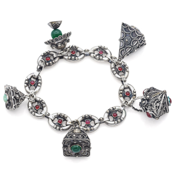 Vintage Etruscan Multi-Stone 800 Silver 5 Charm Bracelet