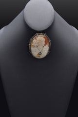 Antique 14K White Gold Cameo Shell & Diamond Oval Brooch Pin Pendant
