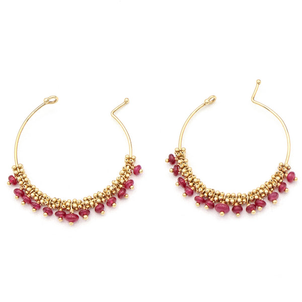 Vintage 14K Yellow Gold Ruby Beaded Hoop Earrings