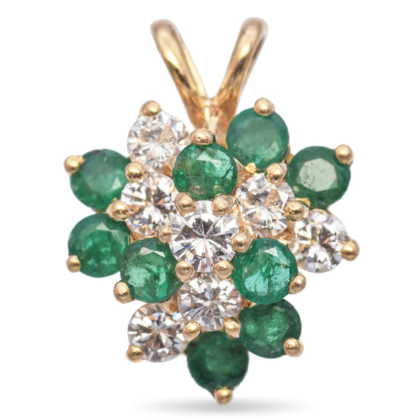 14K Yellow Gold Emerald and Diamond Cluster Pendant