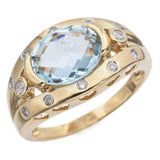 OC Signed 14K Yellow Gold Oval Faceted Aquamarine & Diamond Band Ring Size 7