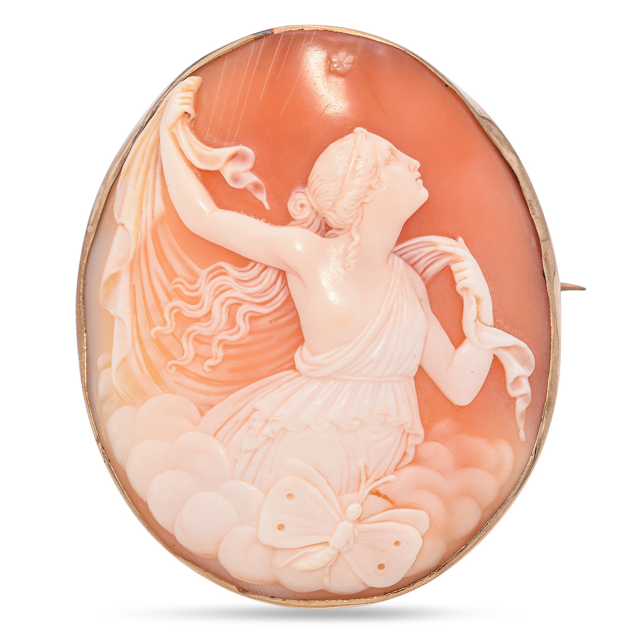 Antique 9K Yellow Gold Cameo Psyche Looking Up To The Heavens Brooch Pendant