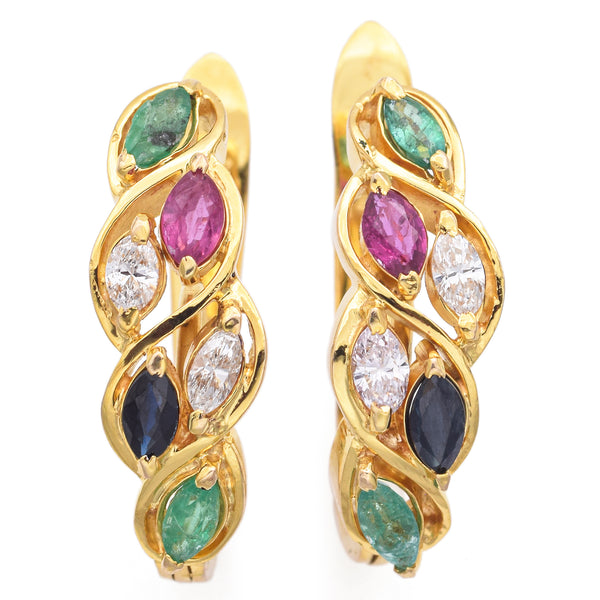 Estate 12K Yellow Gold Emerald, Sapphire, Ruby, Diamond 0.25 TCW Omega-Back Earrings