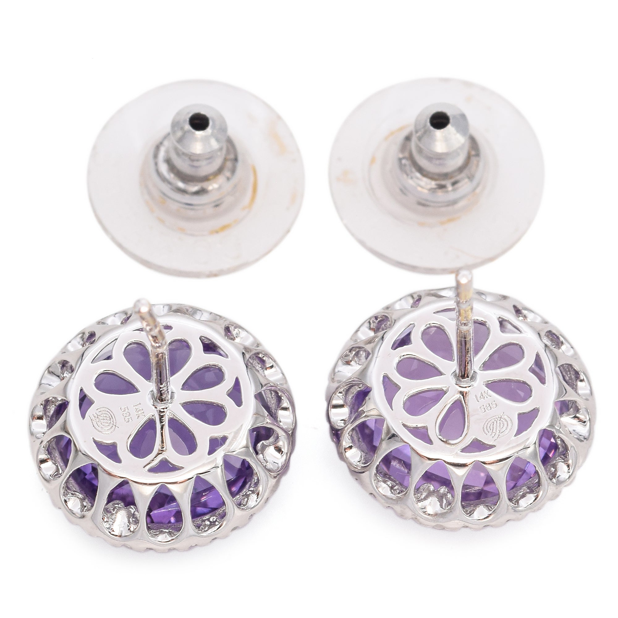 14K White Gold Checkerboard Cut 0.86 Ct. Amethyst, Diamond Halo Stud Earrings