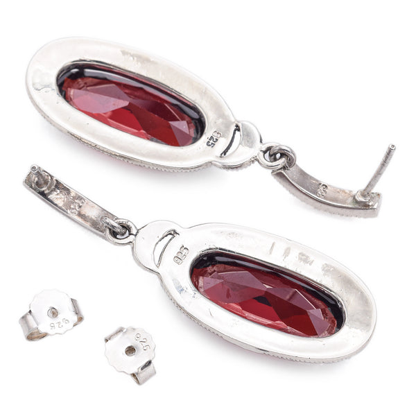 Vintage Sterling Silver Red Paste and Marcasite Oval Drop Earrings