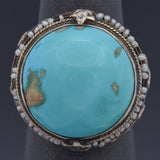 Antique Silver Turquoise & Seed Pearl Round Cocktail Ring Size 5