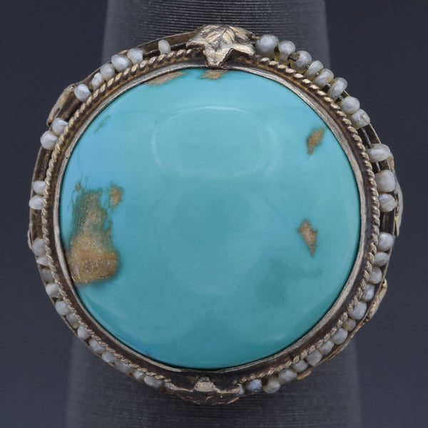 Antique Silver Turquoise & Seed Pearl Round Cocktail Ring Size 5