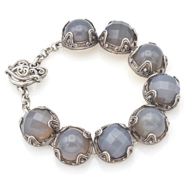 Vintage Suarti Bali BA Sterling Silver Chalcedony Link Toggle Bracelet