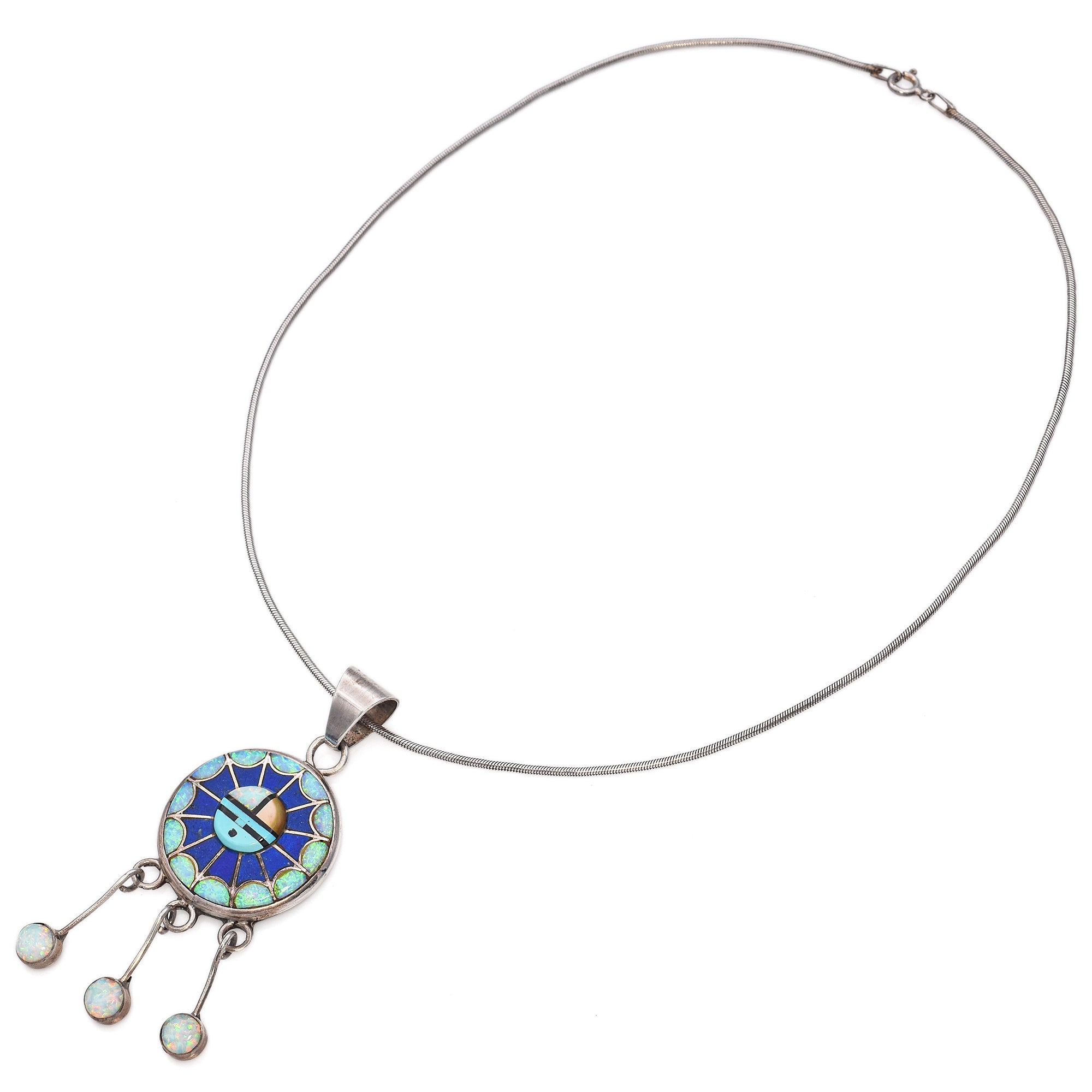 Amy Wesley Sterling Silver Zuni Opal, Turquoise, Lapis Sunface Pendant Necklace