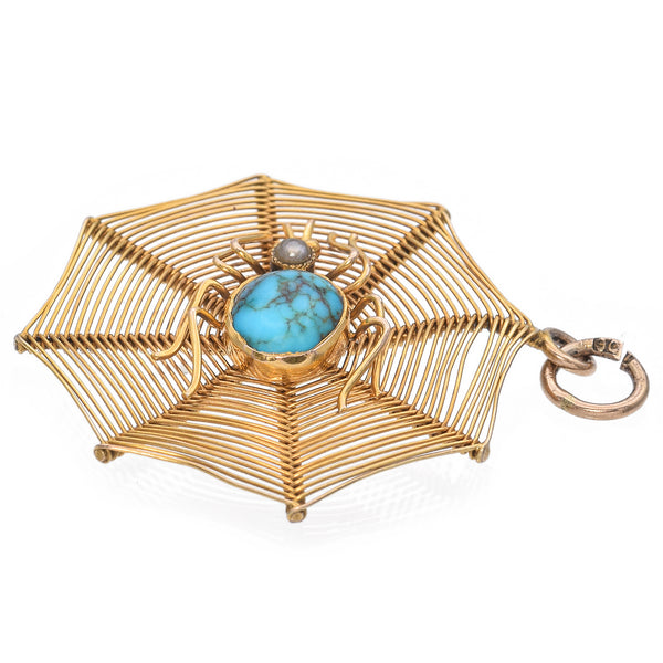 Antique 12K Yellow Gold Turquoise and Pearl Spider in Web Pendant