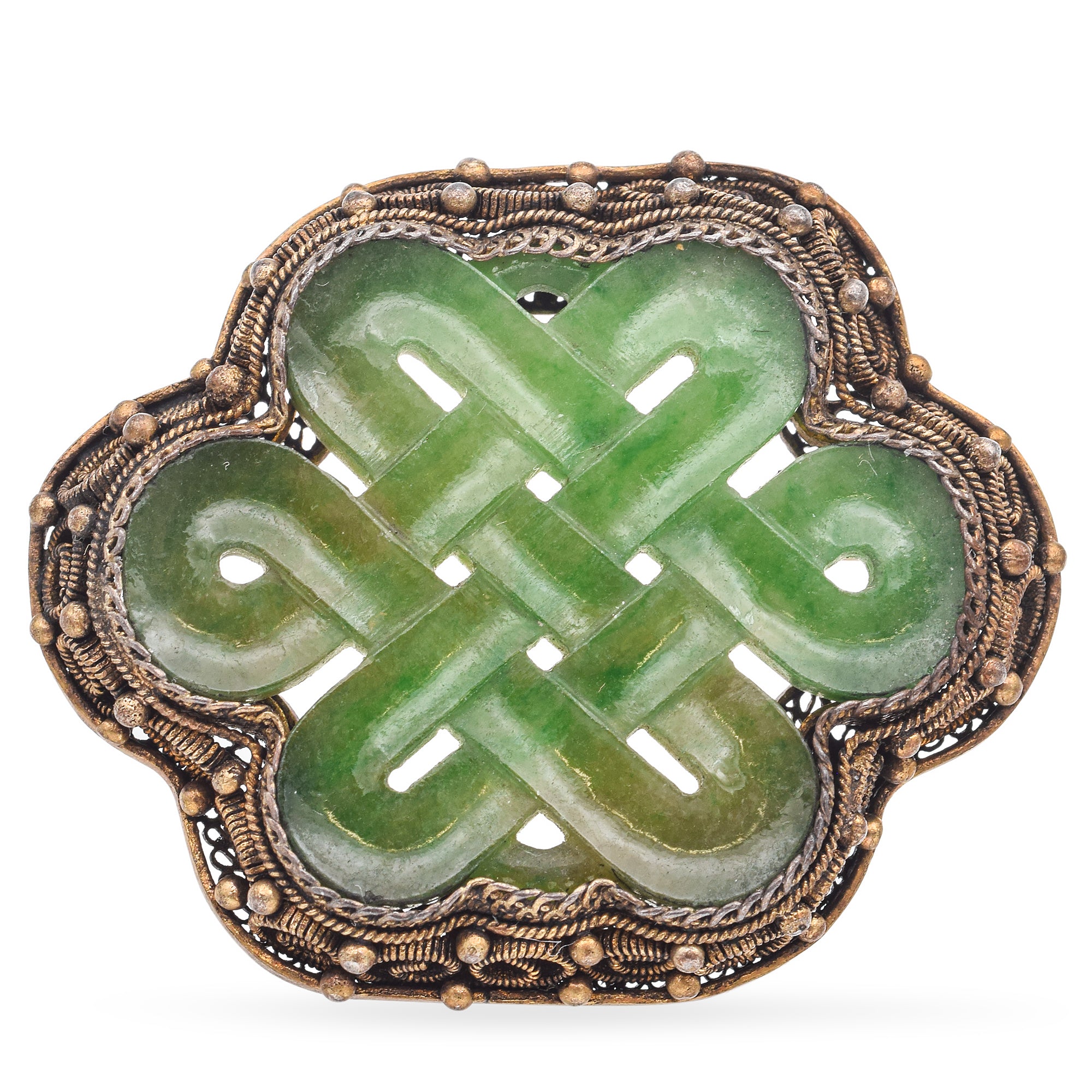 Antique Silver Chinese Carved Jade Filigree Brooch