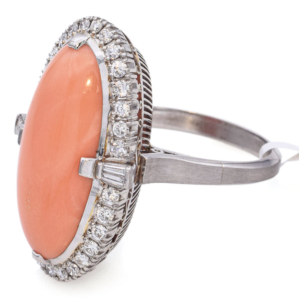 Estate Platinum 15 Ct Salmon Coral & 0.70TCW Diamond Cabochon Cocktail Ring