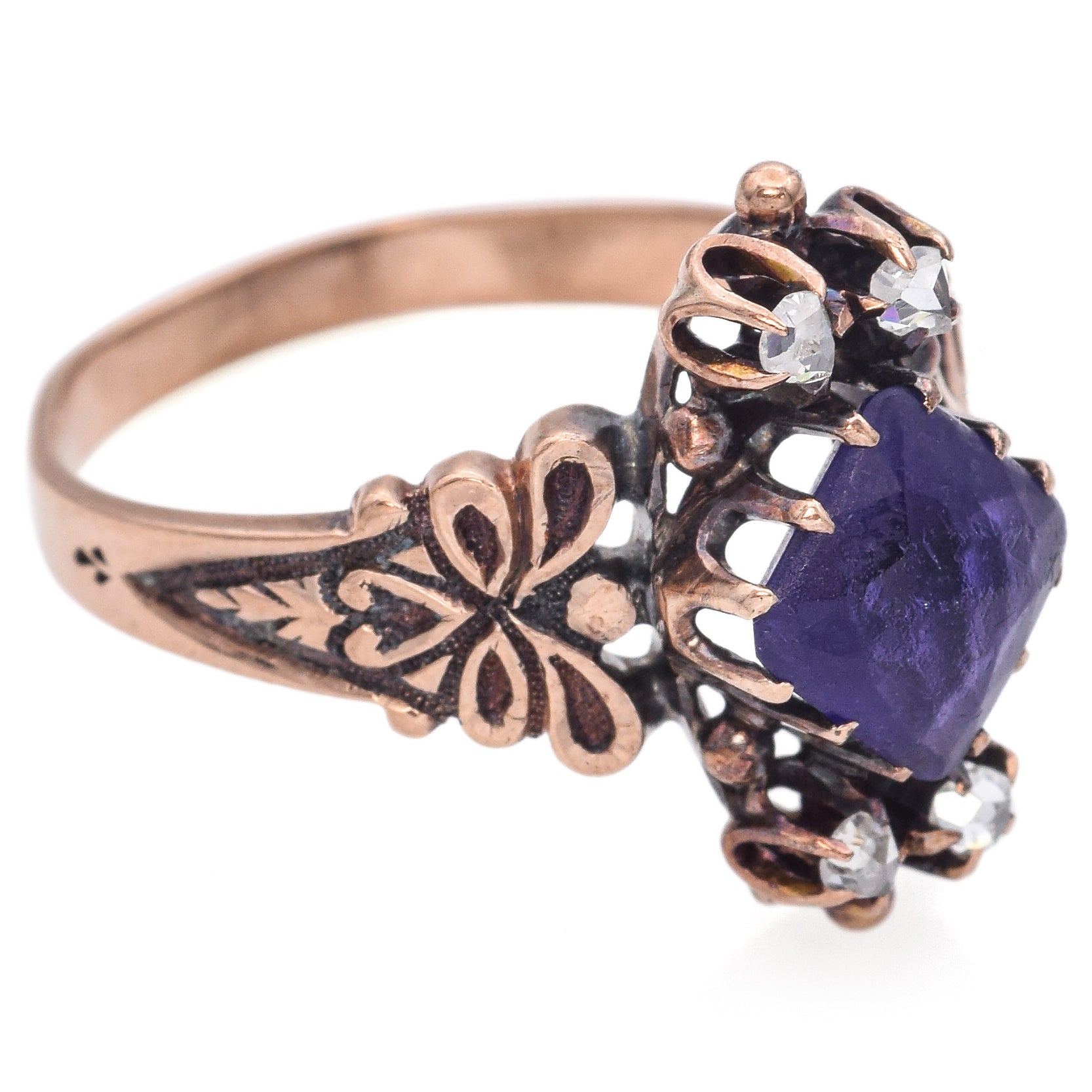 Antique 10K Rose Gold Amethyst and Rose Cut Diamond Band Ring