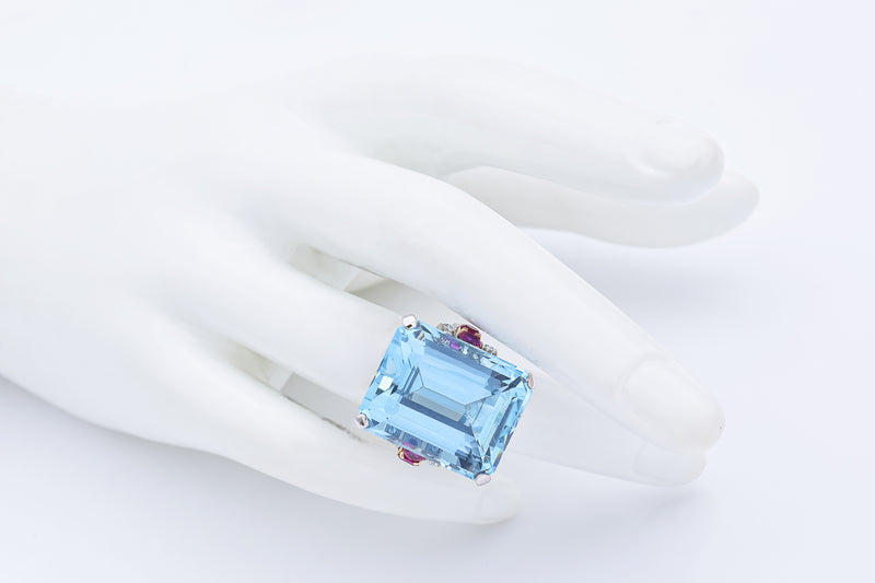 $18,000 Appraised Platinum 30 TCW Aquamarine, Ruby & 0.40 TCW Diamond Ring +Box