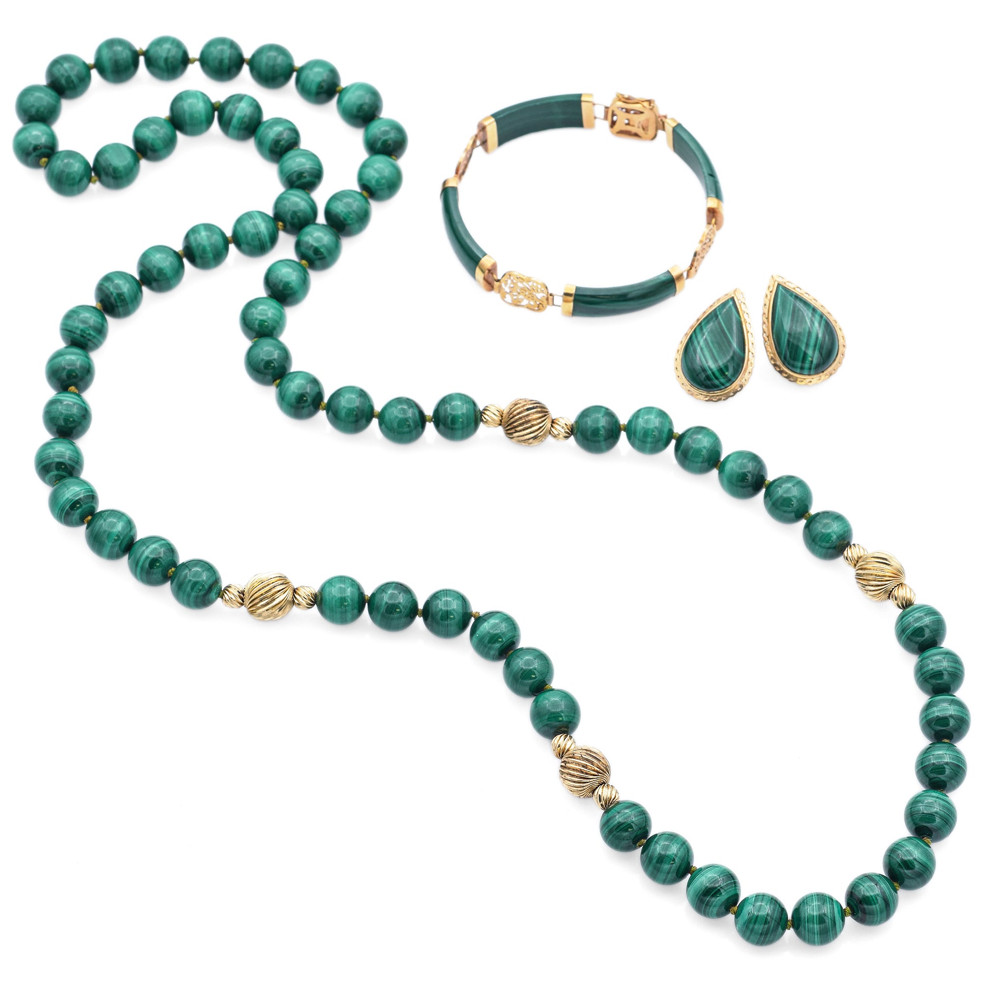 Vintage Malachite 8K Gold Necklace, Earrings & 14K Gold Bracelet Set