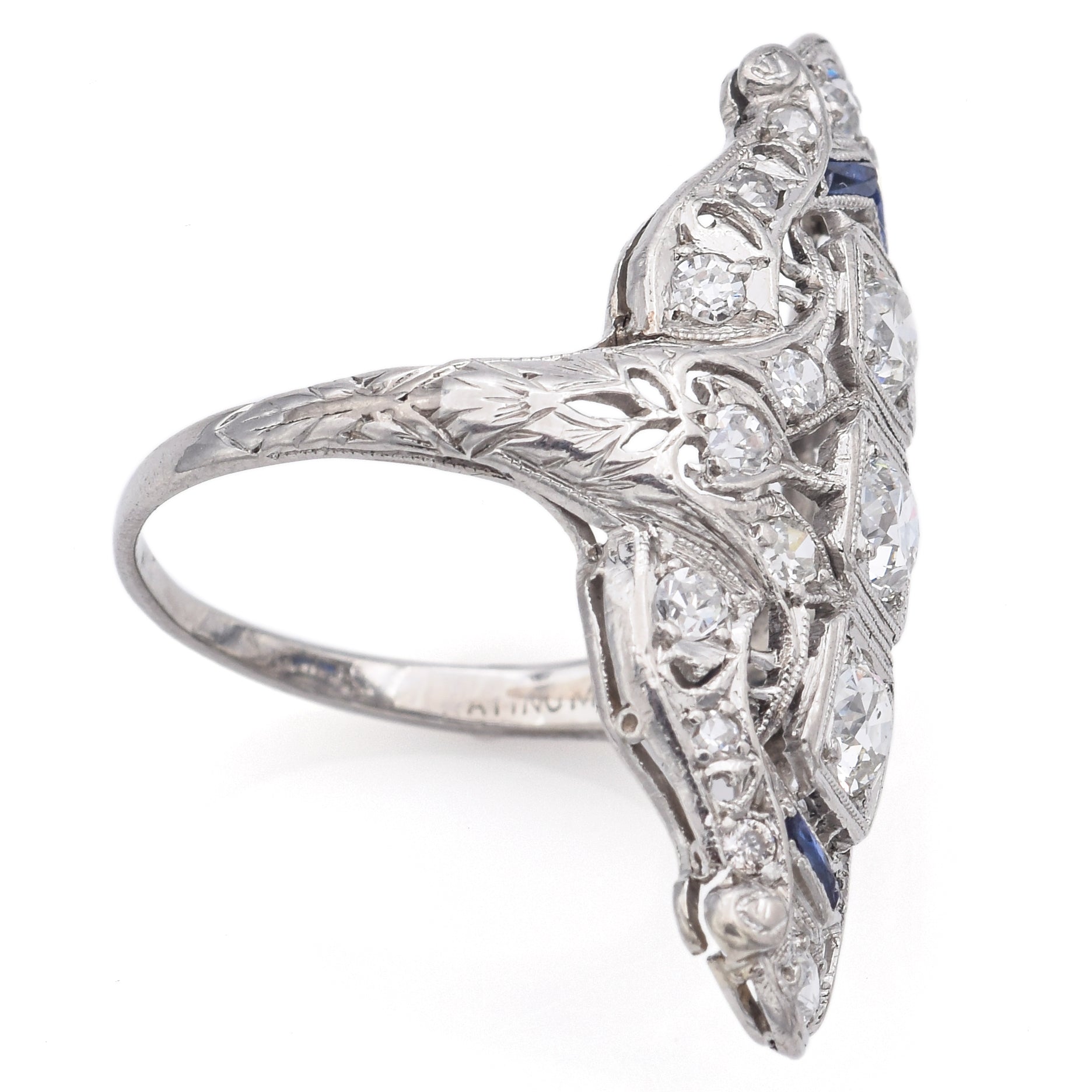 Antique Art Deco Platinum 1.07 TCW Diamond & Sapphire Ring Size 5.5