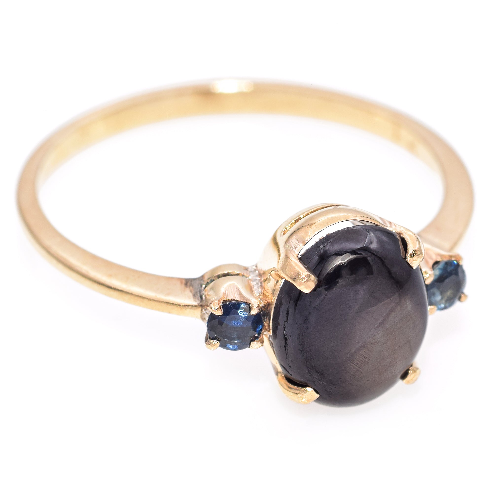 10K Yellow Gold Black Star Sapphire Cabochon and Accent Round Sapphire Ring