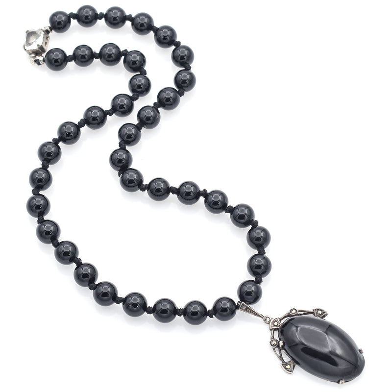 Charm necklace, onyx beads & silver