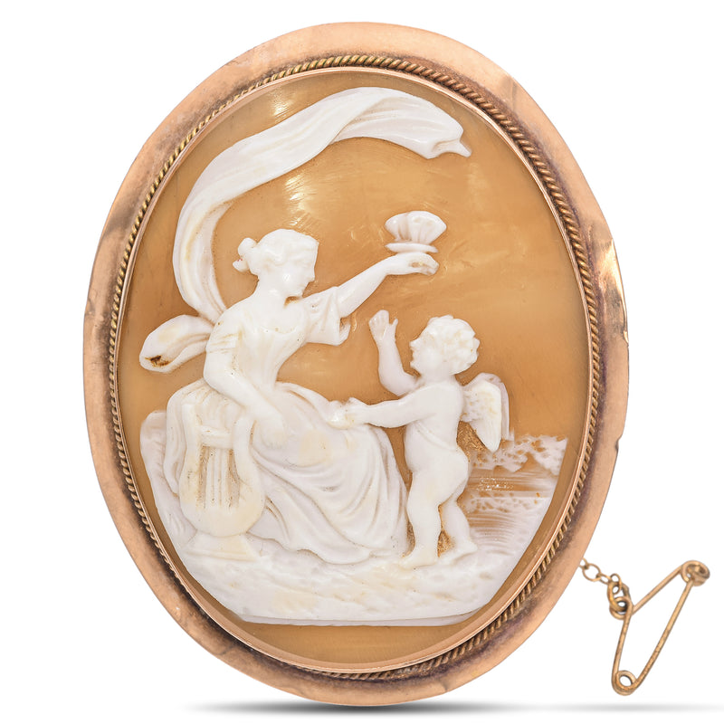 Antique 9K Rose Gold Cameo Muse with Lyre Holding Butterfly Brooch