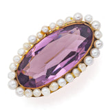 Antique 14K Yellow Gold Purple Paste & Sea Pearl Oval Brooch Pin 5.1 Grams