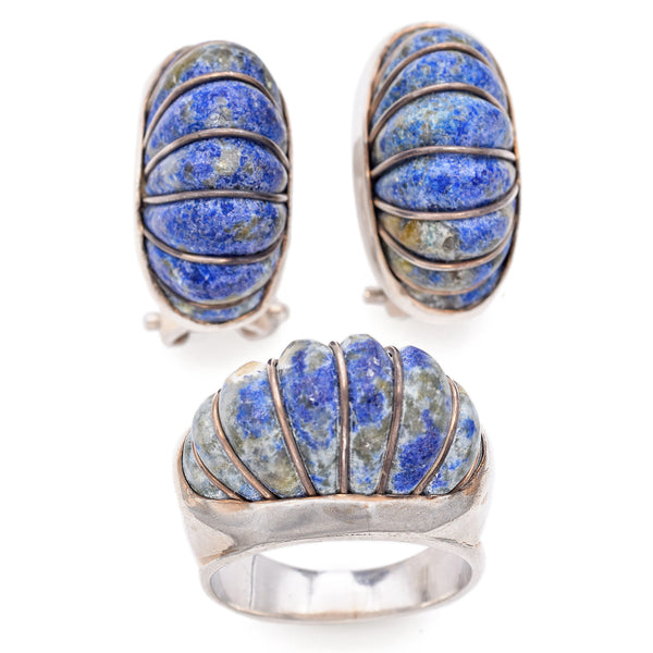 Vintage Cerro Blanco Mexico Sterling Silver Sodalite Groove Ring & Earrings Set